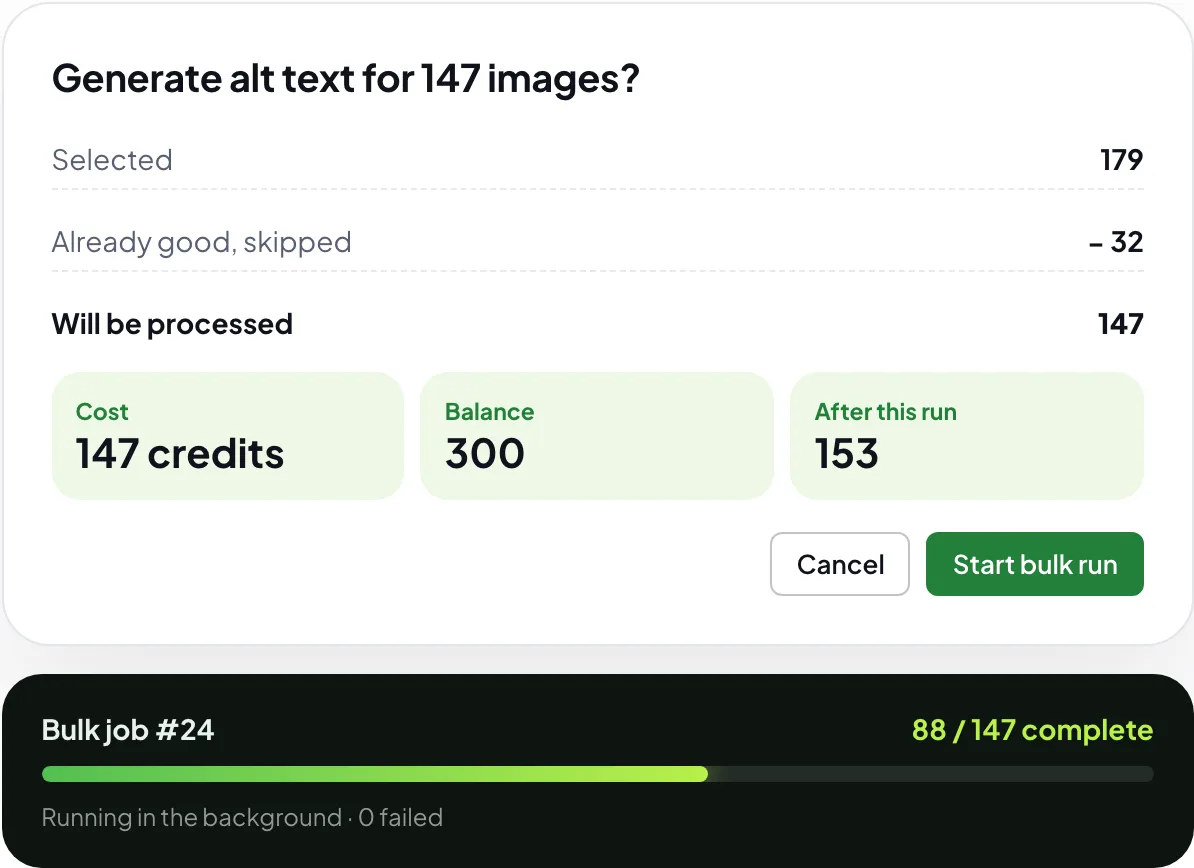 Bulk dialog: 179 images selected, 32 already good and skipped, 147 to process for 147 credits from a balance of 300, and a background bulk job in progress.