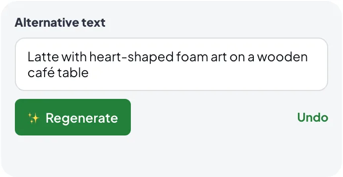 Alternative text field on the image edit screen with AI-written text, a Regenerate button and Undo.