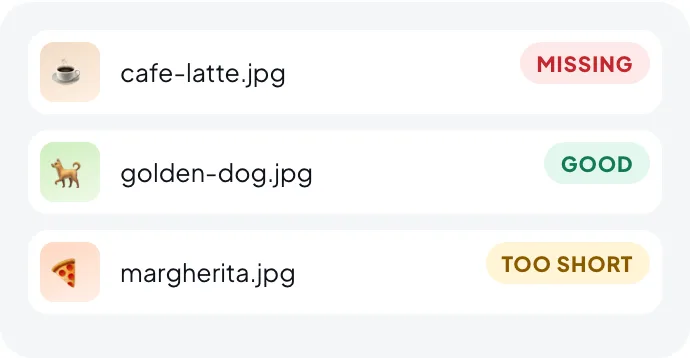 Media Library list with an Alt Status column: cafe-latte.jpg Missing, golden-dog.jpg Good, margherita.jpg Too short.