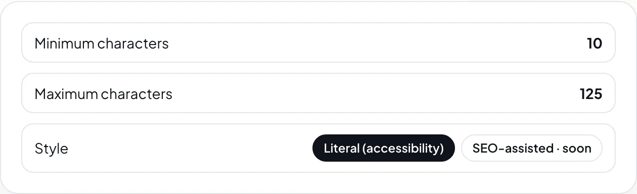 Quality rules settings: minimum 10 characters, maximum 125 characters, style Literal (accessibility), with SEO-assisted marked soon.