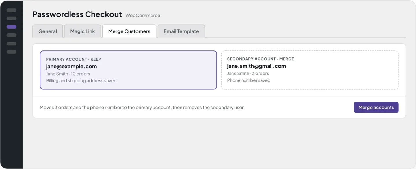 The Merge Customers tab: a primary account with 10 orders and a secondary account with 3 orders side by side, and a Merge accounts button.