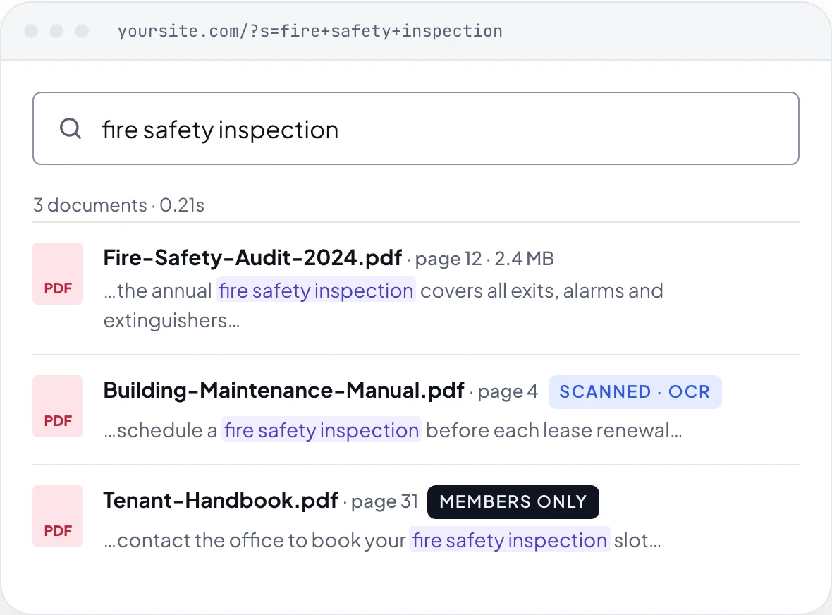 The same search with PDF Search Pro lists three PDFs with the matching page and highlighted phrase, including a scanned file.
