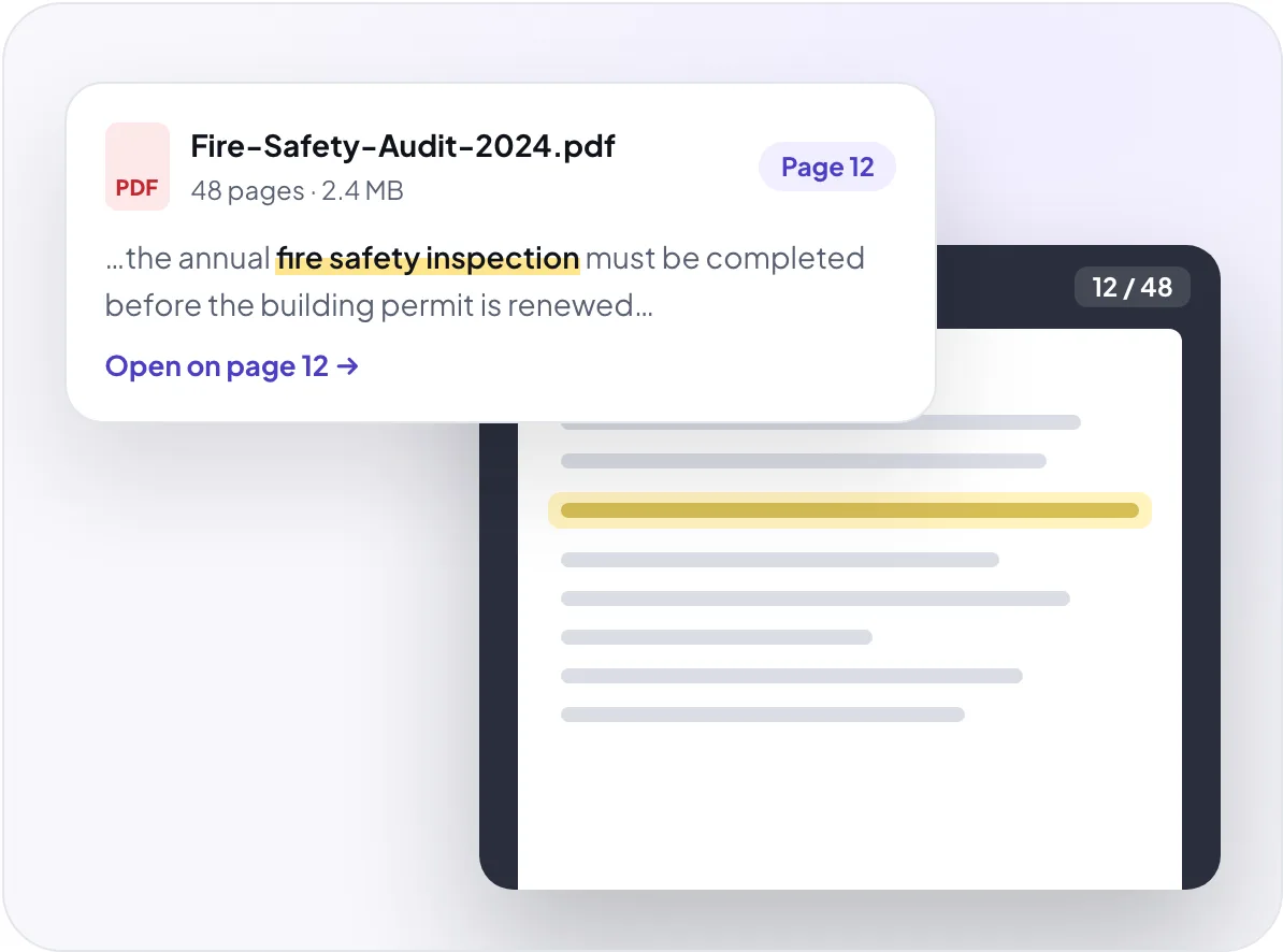 A search result for “fire safety inspection” on page 12 of a 48-page PDF, next to the PDF viewer open on page 12 with the line highlighted.