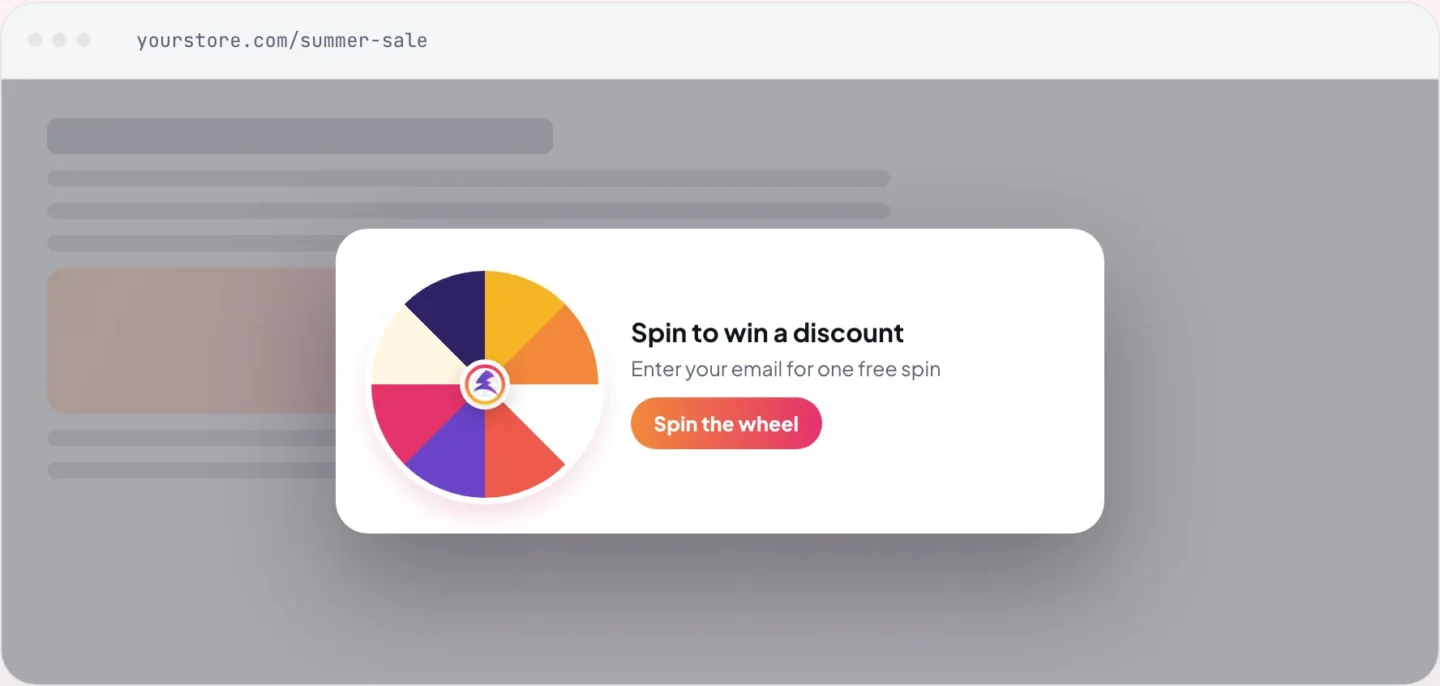A store page with the spin-to-win wheel shown as a popup: “Spin to win a discount” and a “Spin the wheel” button.