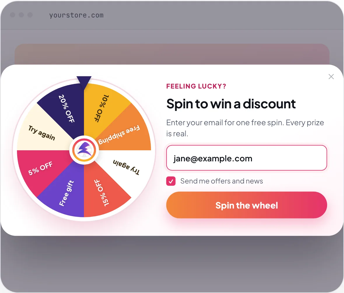 A spin-to-win popup on a store page: a prize wheel with discount slices next to the form “Spin to win a discount”, with jane@example.com entered and a “Spin the wheel” button.